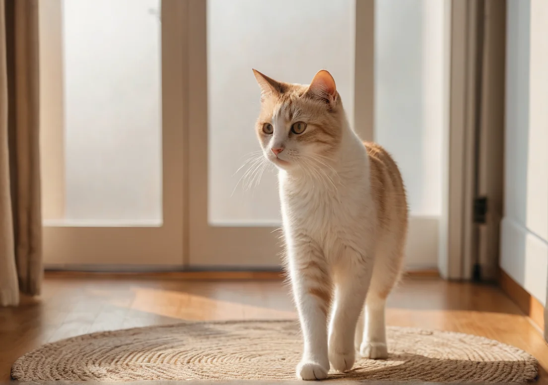 a white cat standing on a rug in front of a door with the door open