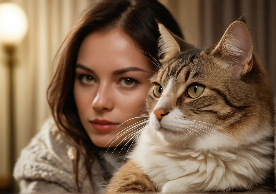 a woman is holding a cat in her lap and looking at the camera