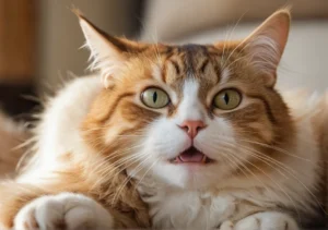 an orange and white cat laying on top of a couch with its tongue out