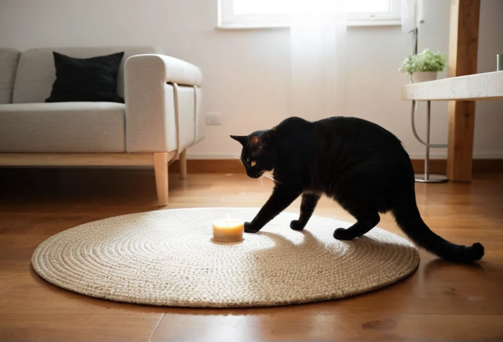 a black cat playing with a candle on a rug in a living room