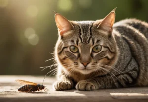 a brown tabby cat next to a cicada