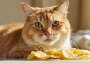 a cat laying on top of a table next to a pile of chips