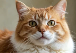 an orange and white cat sitting on top of a table with green eyes