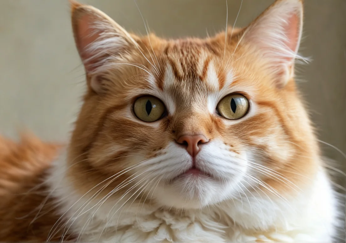 an orange and white cat sitting on top of a table with green eyes