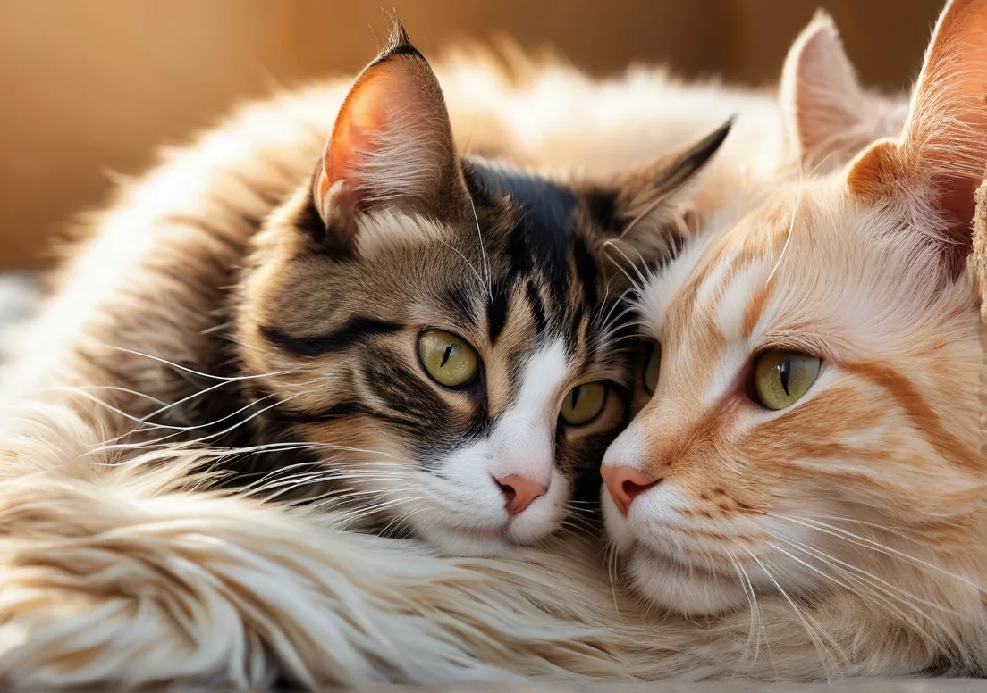 two cats laying next to each other cats on a bed, looking at the camera