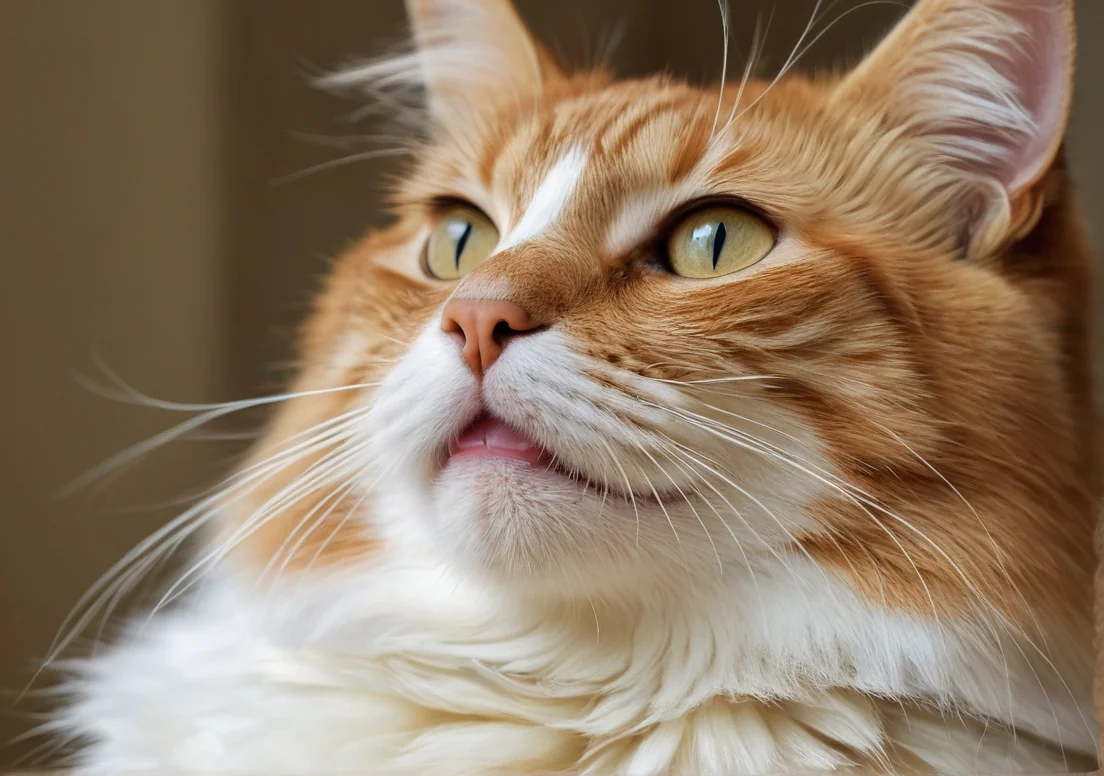 an orange and white cat with green eyes looking up at the camera, close up