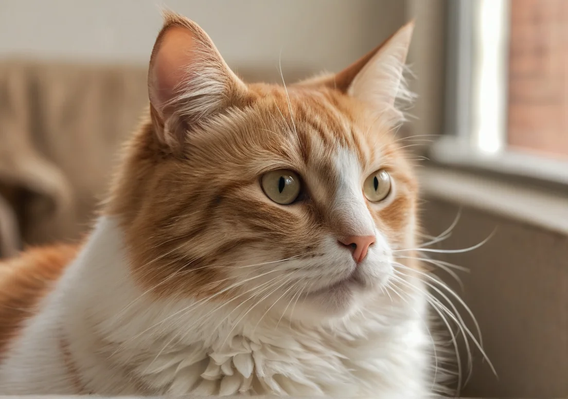 an orange and white cat sitting on a couch looking up at the camera