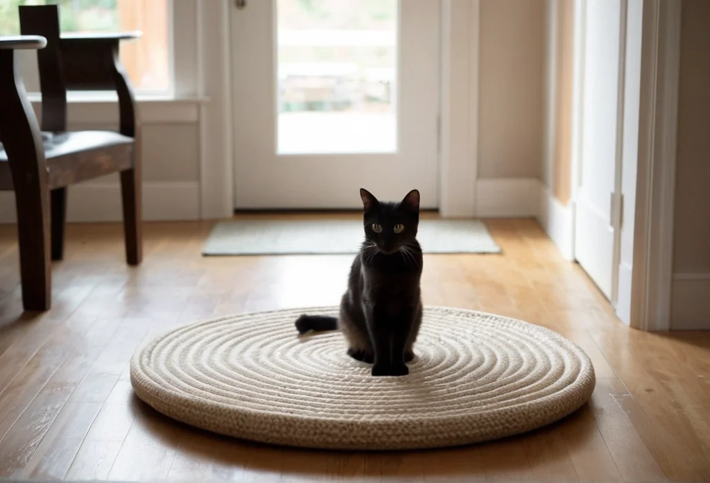 a black cat sitting on a round rug in a living room with a chair in the background