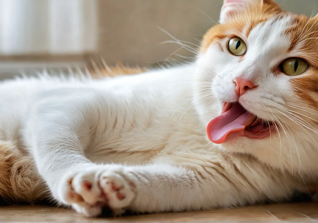 an orange and white cat laying on the floor with its tongue sticking out