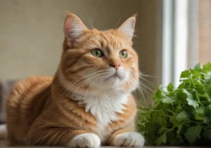 an orange and white cat laying on the floor next to a green plant