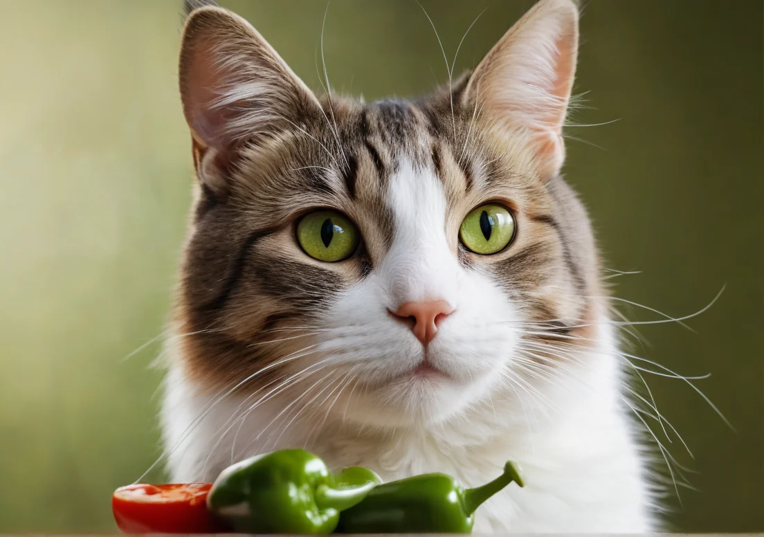 a cat with green eyes sitting next to a pile of peppers and tomatoes