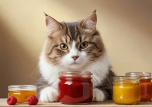 a cat sitting next to jars of jams and jams on a table