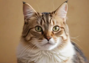 a cat with green eyes and long hair sitting on top of a table