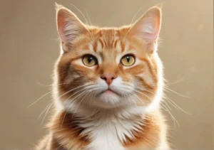 an orange and white cat with green eyes looking up at the camera metal print