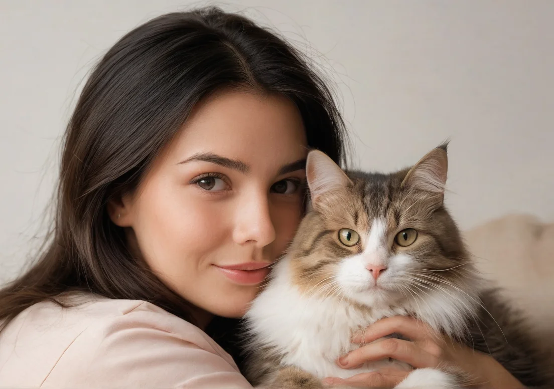 a woman is holding a cat in her lap and smiling at the camera