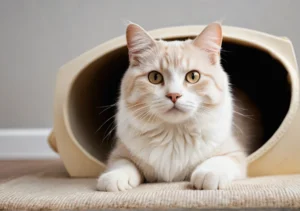 a white cat sitting inside of a cat tunnel on a rug in a grey background