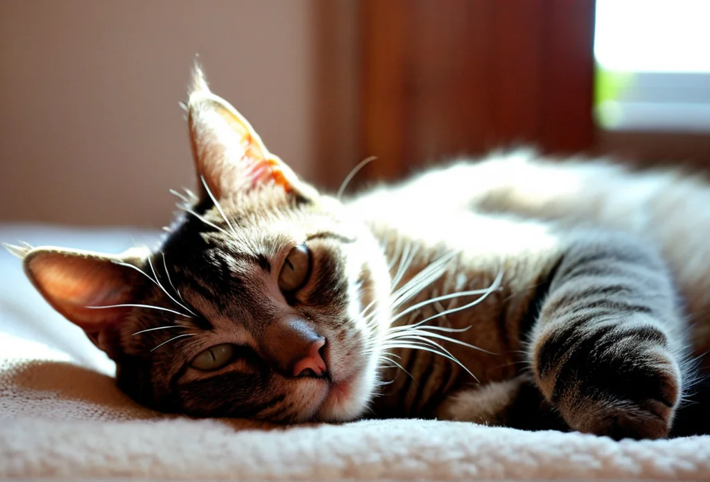 a cat sleeping on top of a bed next to a window with sunlight streaming through it