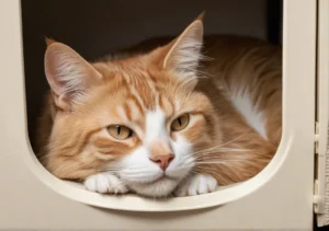 an orange and white cat laying inside of a litter box in a house