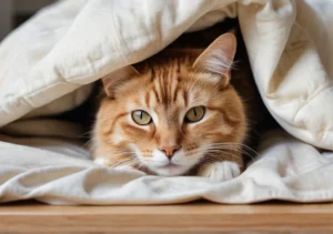 an orange cat hiding under a white blanket on a wooden floor in the background