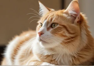 an orange and white cat laying on top of a table next to a laptop