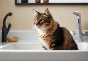 a cat sitting in a bathroom sink looking up at something in the mirror