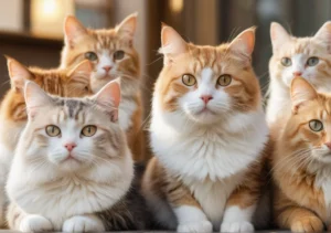 a group of orange and white cats sitting on a couch looking at the camera