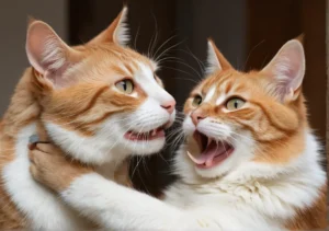 two orange and white cats with their mouths open, looking at each other cats