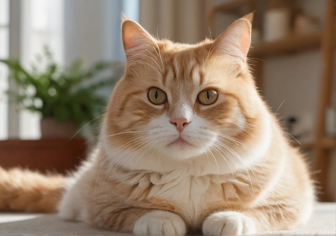 an orange and white cat laying on top of a carpet looking at the camera