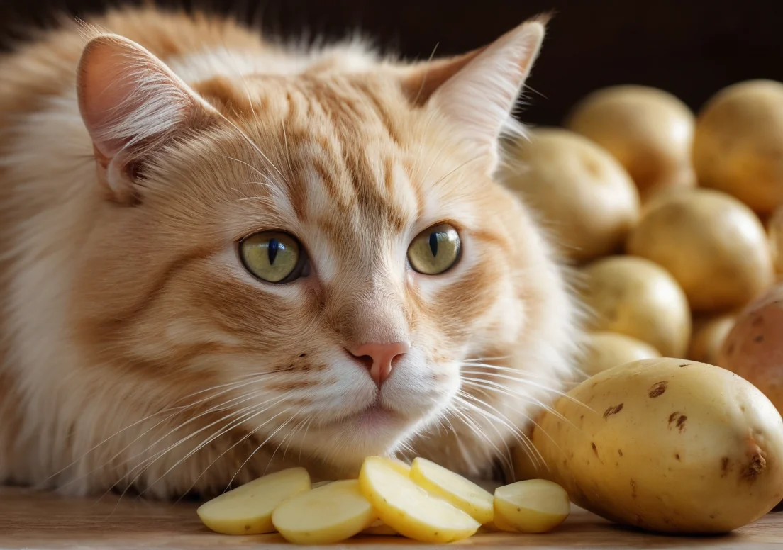 an orange cat with green eyes is looking at a pile of potatoes and potatoes