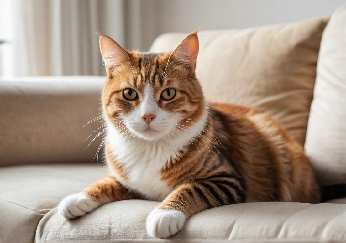 a cat sitting on top of a couch next to a remote control device