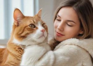 a woman in a white coat holding a red and white cat on her lap