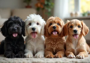 a group of dogs sitting on the floor with their tongues out and looking at the camera