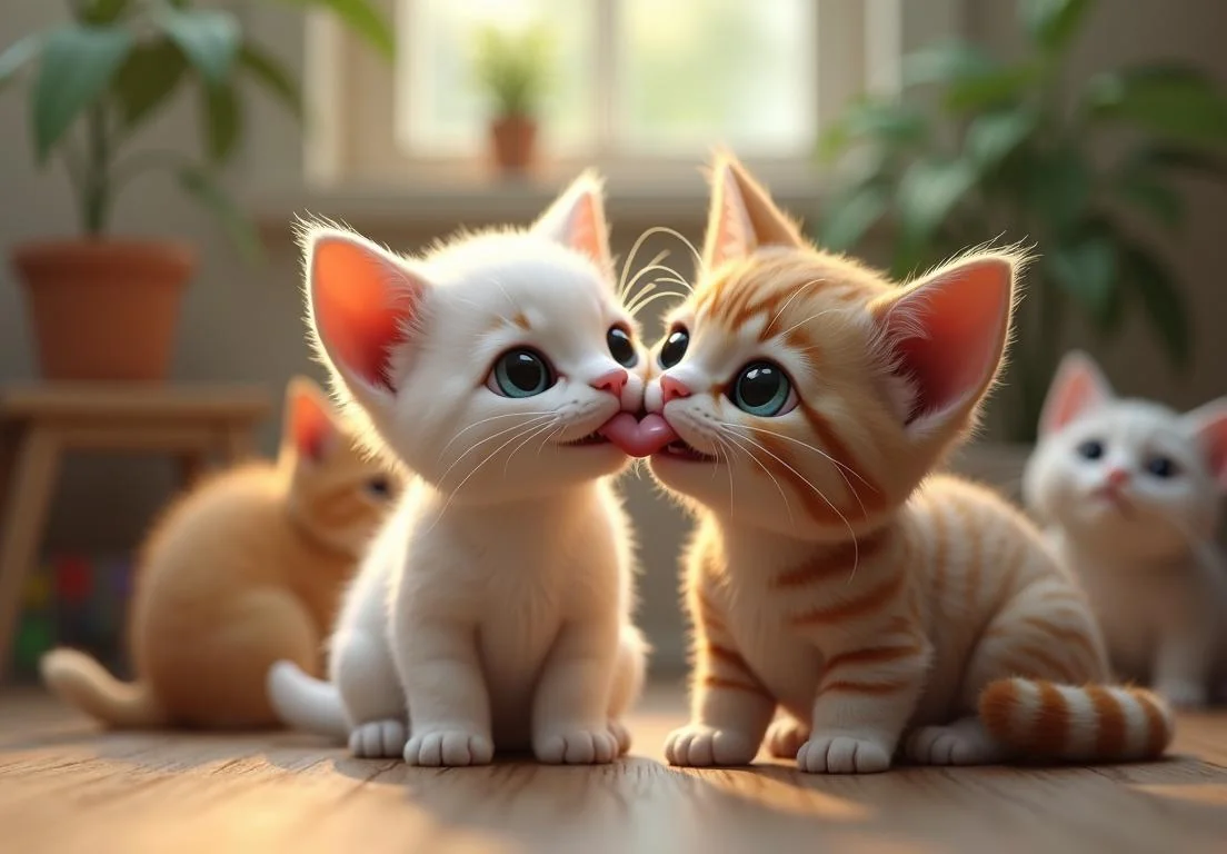 two kittens are sitting on the floor looking at each other kittens