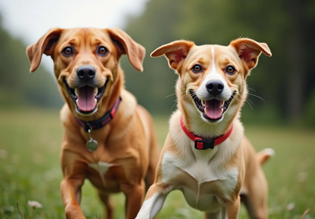 two dogs running in the grass with their mouths open and one looking at the camera