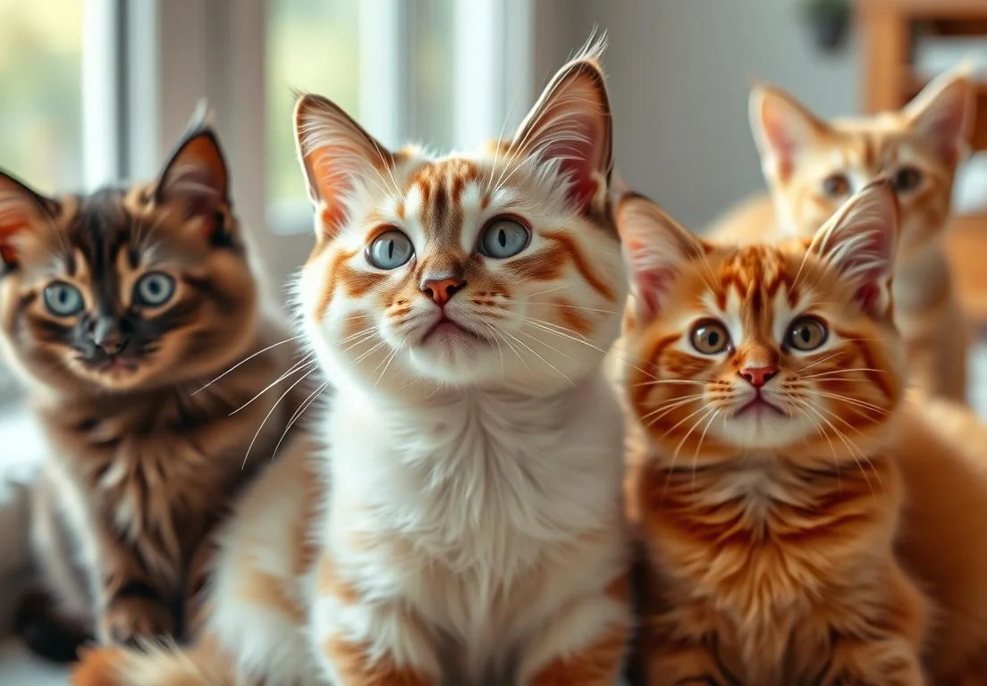 a group of kittens sitting next to each other cats looking up at the camera