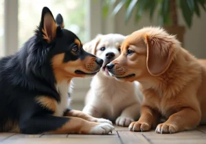two pup playing with each other pup on the floor in front of a window