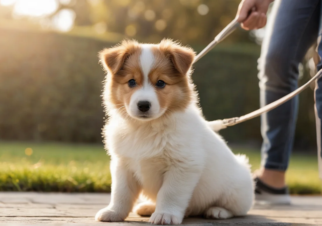 a small white and brown puppy sitting on the ground next to a person holding a leash