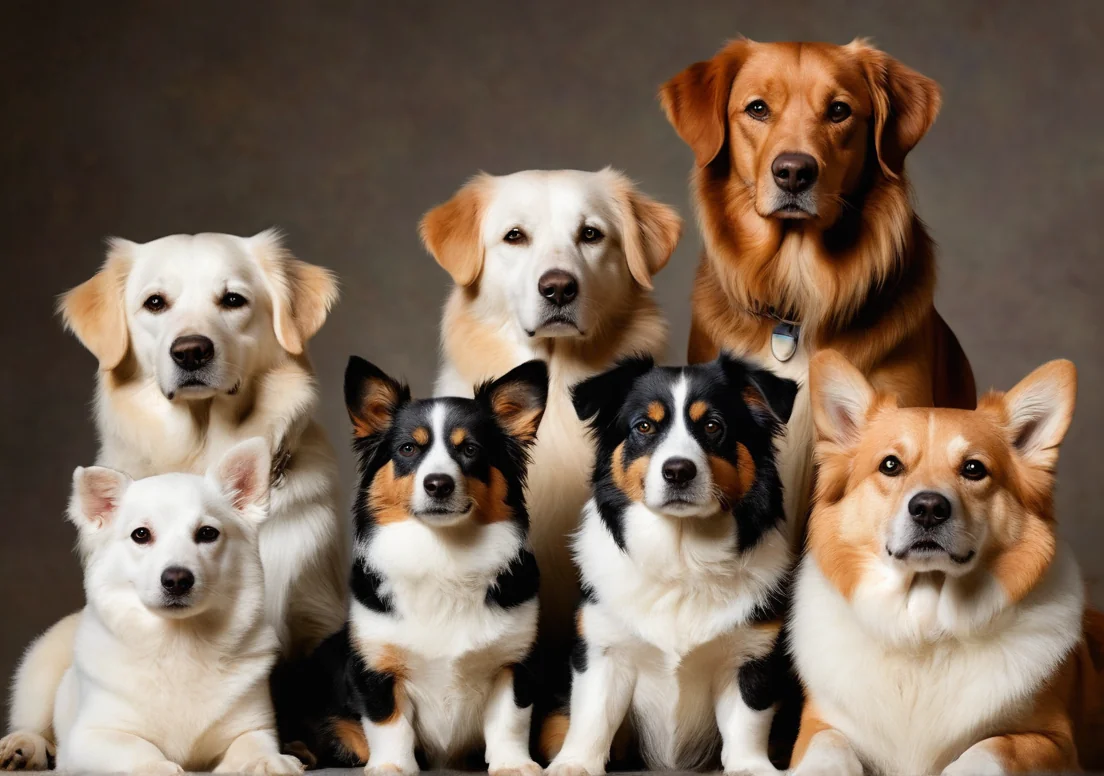 a group of dogs sitting next to each other dogs on a gray background