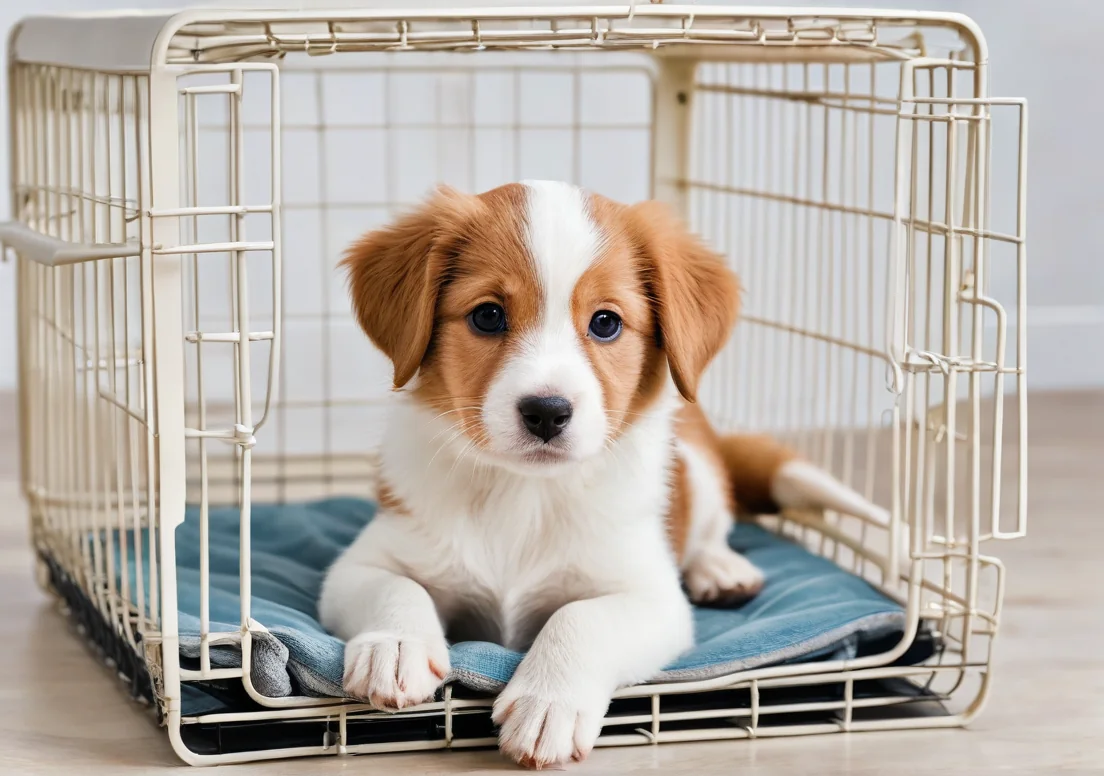 a small dog in a cage with a blue blanket on it's back