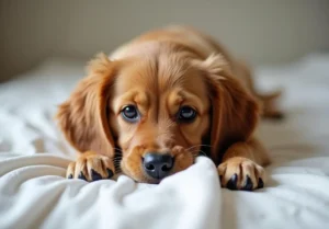 a small brown dog laying on top of a white bed next to a white pillow