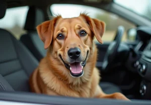 brown dog sitting in the car looking at the camera