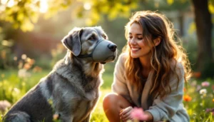 a woman standing next to a gray dog wearing muzzle in the field