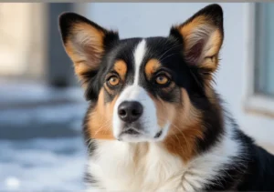 a black and white dog with brown eyes sitting on the ground in the snow