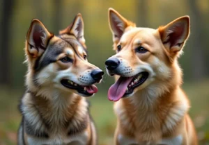 two dogs are looking at each other dogs in the same direction, with their mouths open