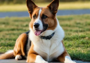 a brown and white dog laying on the ground with its tongue out and tongue out