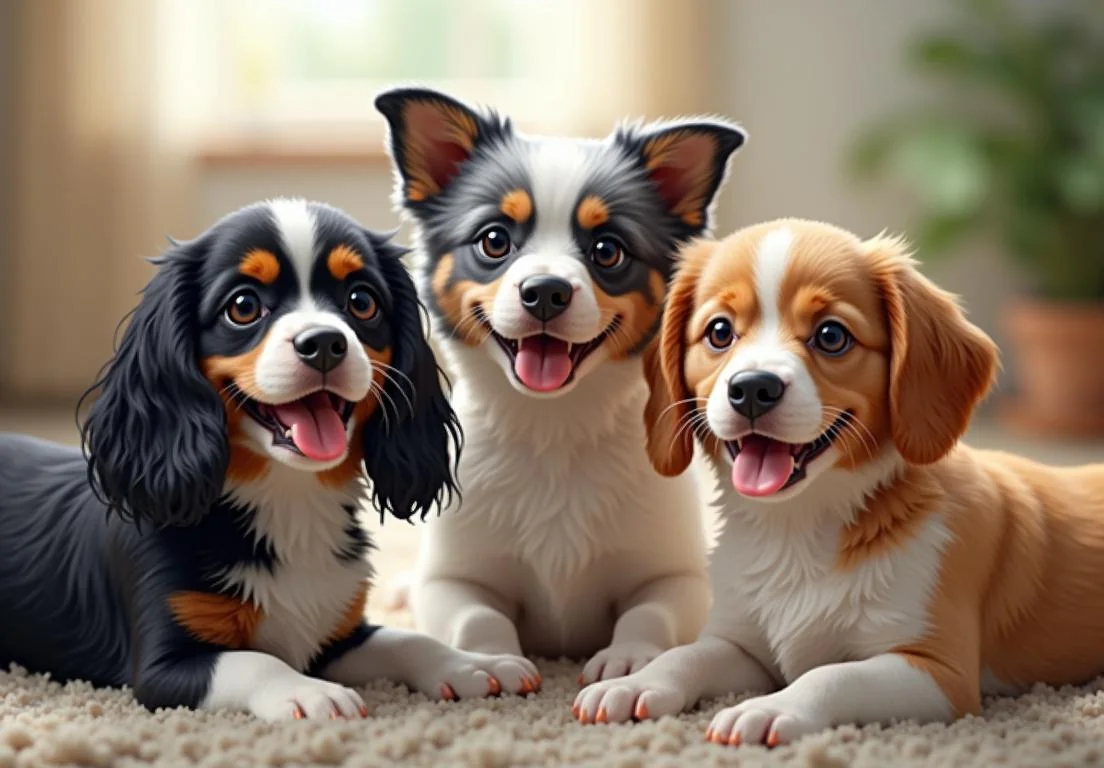 a group of dogs laying on top of a carpet next to each other dogs