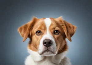 a brown and white dog looking at the camera with its head tilted to the camera