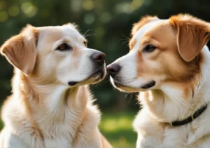 two dogs are looking at each other dogs in the same direction, one is looking at the other dog