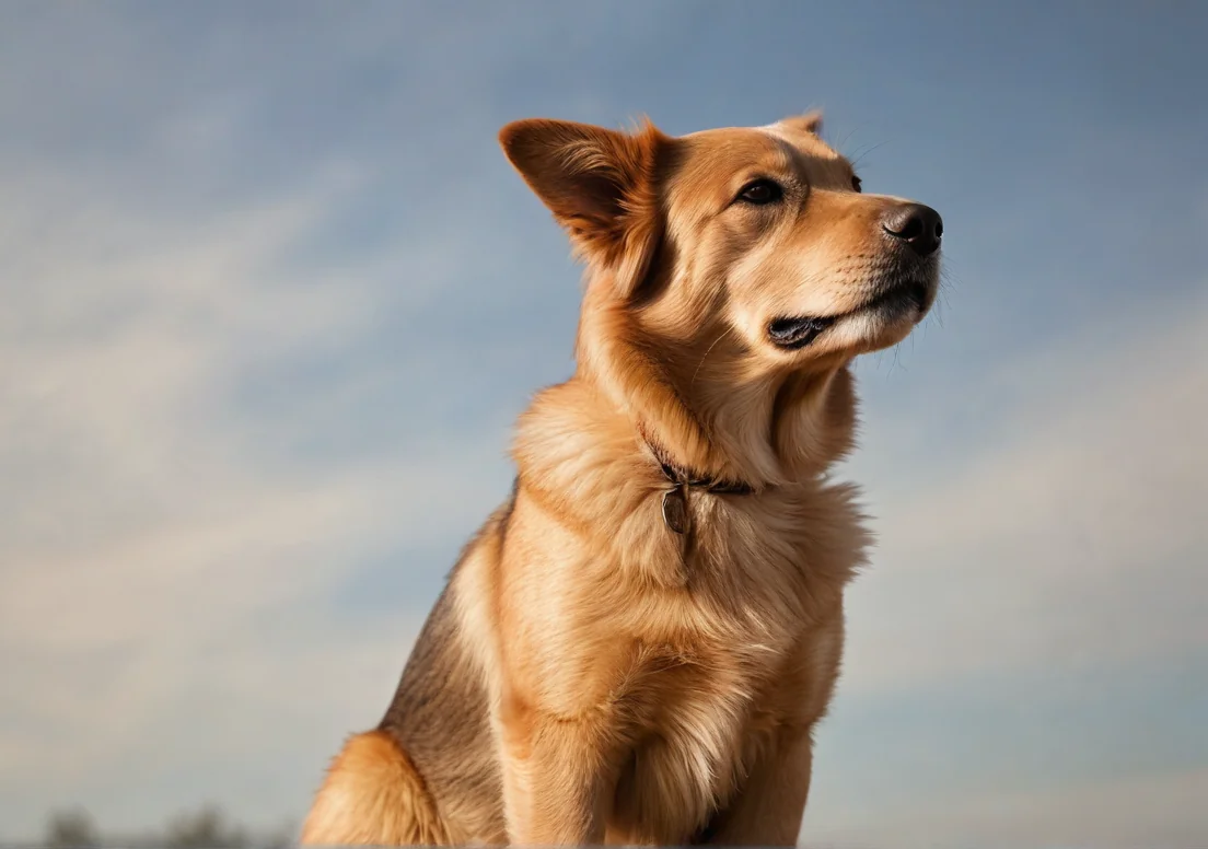 a brown dog sitting on top of a blue car with the sky in the background