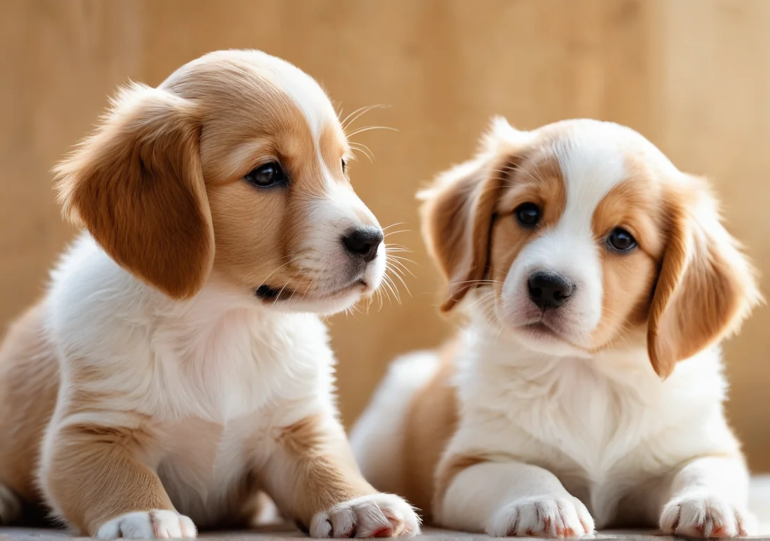 two pup sitting on the floor looking at each other pup in the background